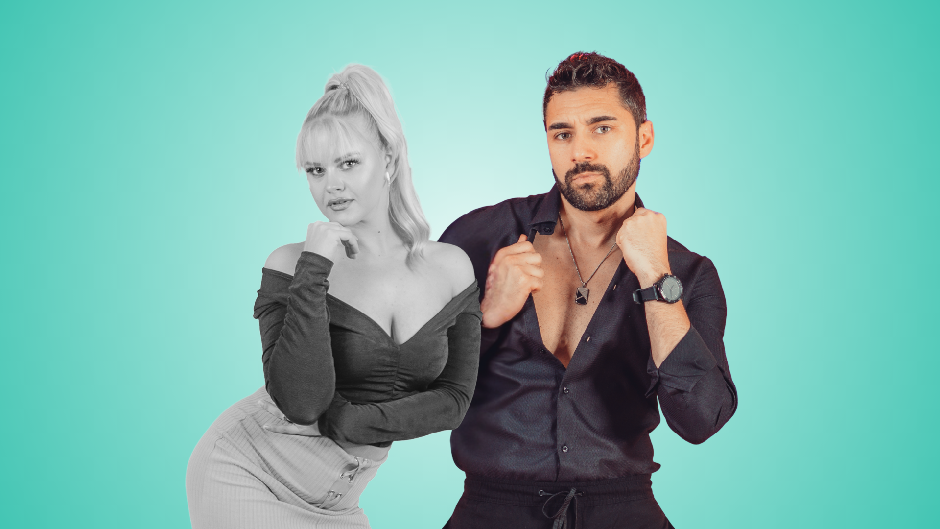 Kiko – Francisco Ortega farbig mit Christina Schirjaev in Schwarz-Weiss vor türkisfarbenem Hintergrund im Stil von Dance Travels.